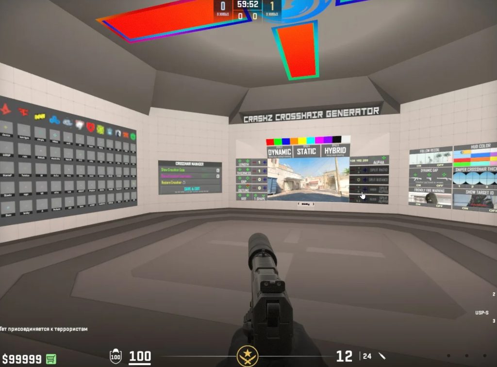 Настройка тряски на карте Crashz' Viewmodel Generator.Alt: Игровой процесс на карте Crashz Viewmodel Generator в CS 2, где игрок выстрелом по интерактивной кнопке "Minimize Bob" выбирает опцию минимизации тряски рук