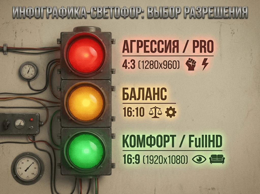 Схематичная инфографика с цветовыми зонами (красная, желтая, зеленая), классифицирующая разрешения экрана в CS2 по стилю игры для быстрого выбора настроек.